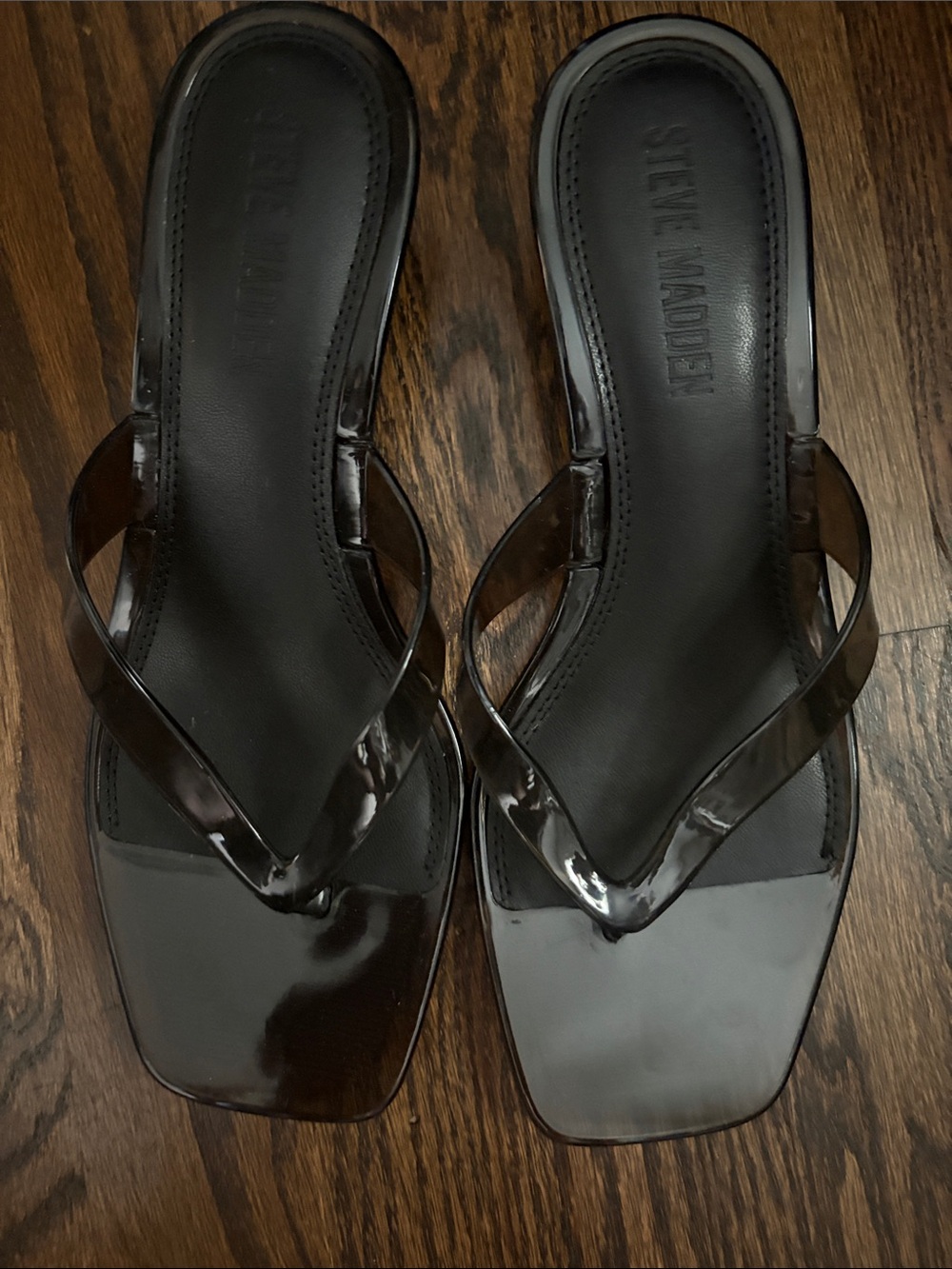Steve Madden Black Patent Thong Sandals with Squared Toe